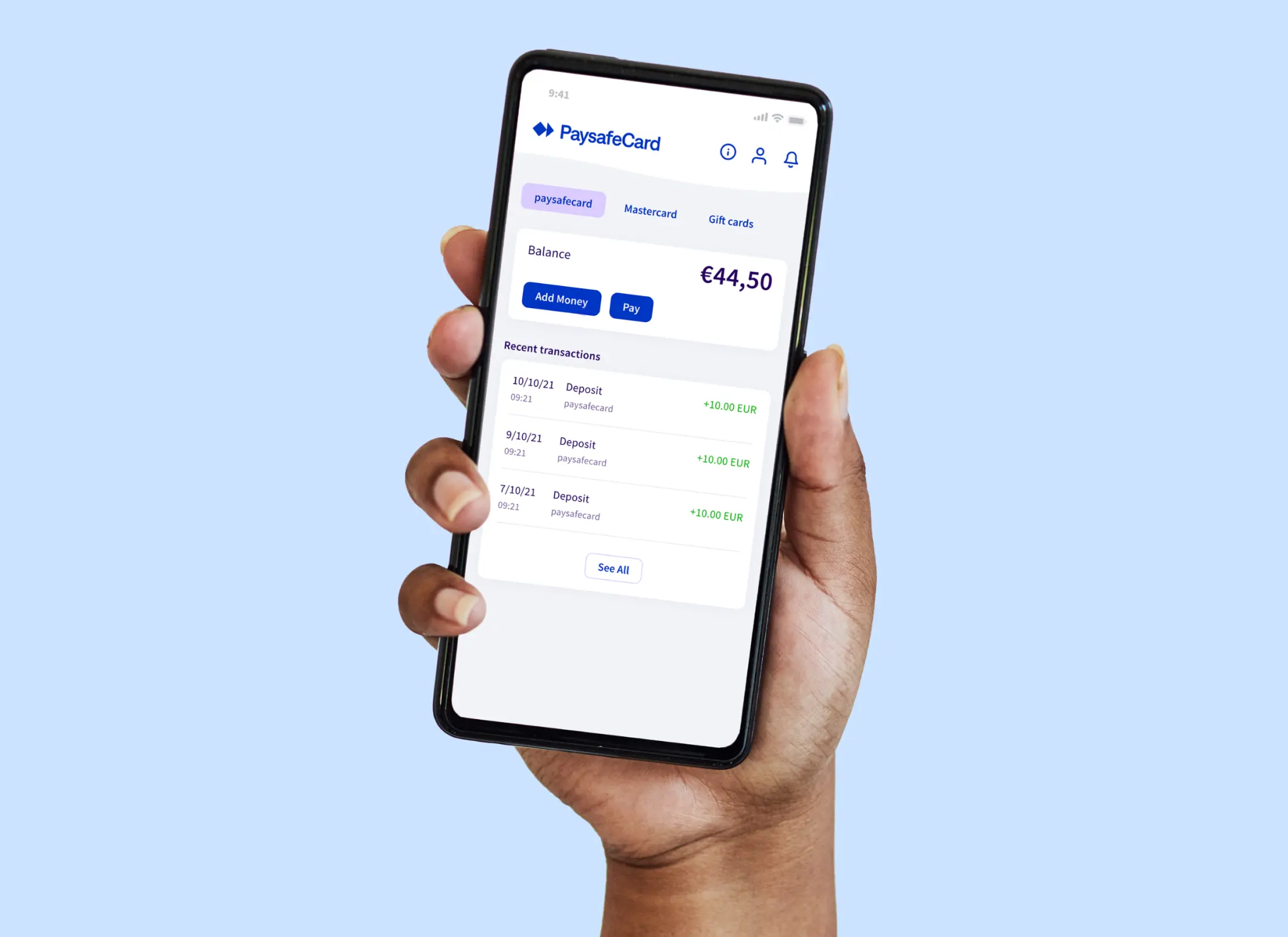smartphone displaying Paysafecard app interface with balance and transaction features